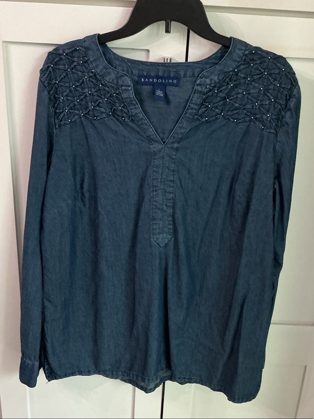 Bandolino Denim-Look Navy Long Sleeve Top with Embroidered Yoke